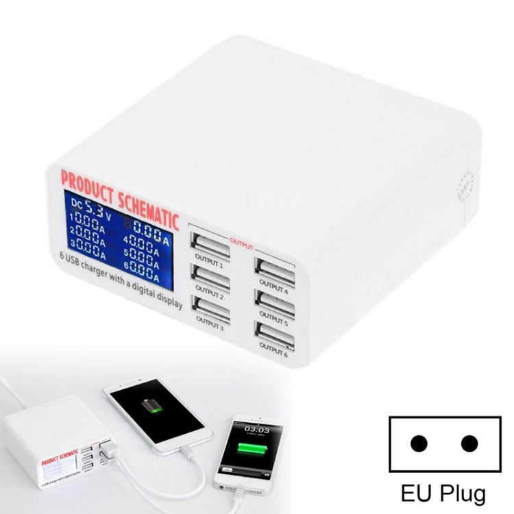 เครื่องชาร์จเร็ว 30W QC 3.0 6 พอร์ต USB พร้อมจอแสดงผลดิจิทัล LCD ปลั๊ก EU, รุ่น 899