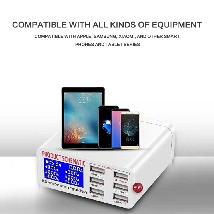 เครื่องชาร์จเร็ว 30W QC 3.0 6 พอร์ต USB พร้อมจอแสดงผลดิจิทัล LCD ปลั๊ก EU, รุ่น 899
