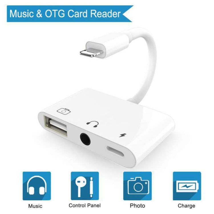 อะแดปเตอร์ 3 in 1 มัลติฟังก์ชัน 8 พิน + 3.5 มม. + USB 3.0 OTG เป็น 8 พิน ชาย ชาร์จเร็ว & ฟังเพลง & อ่านการ์ด