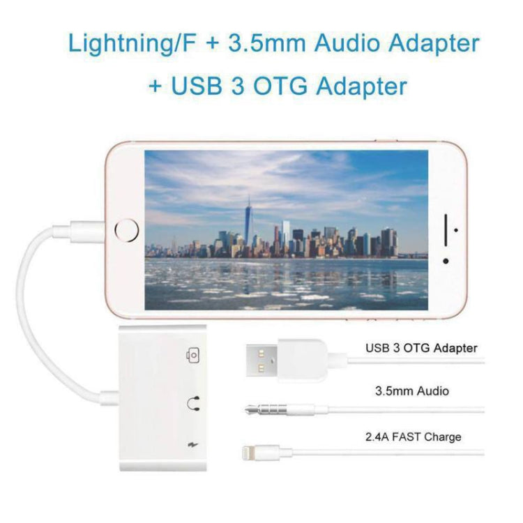 อะแดปเตอร์ 3 in 1 มัลติฟังก์ชัน 8 พิน + 3.5 มม. + USB 3.0 OTG เป็น 8 พิน ชาย ชาร์จเร็ว & ฟังเพลง & อ่านการ์ด