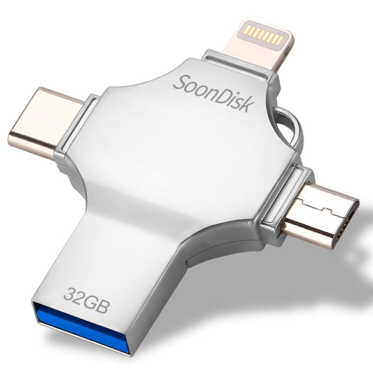 แฟลชไดรฟ์ 4 in 1 32GB USB 3.0 + 8 พิน + Micro USB + USB-C / Type-C ใช้งานคู่พร้อมฟังก์ชัน OTG, 32GB