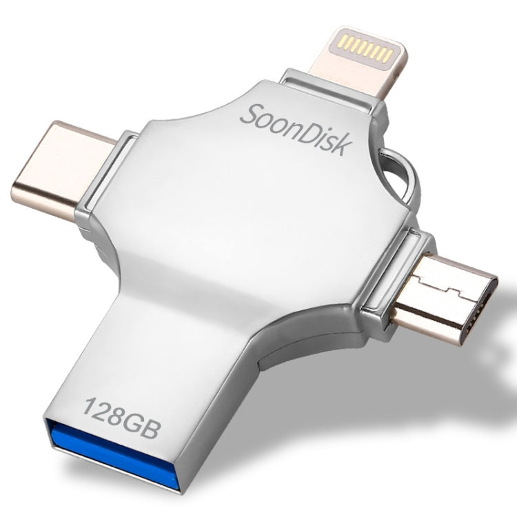 แฟลชไดรฟ์ 4 in 1 128GB USB 3.0 + 8 พิน + Micro USB + USB-C / Type-C ใช้งานคู่พร้อมฟังก์ชัน OTG, 128GB