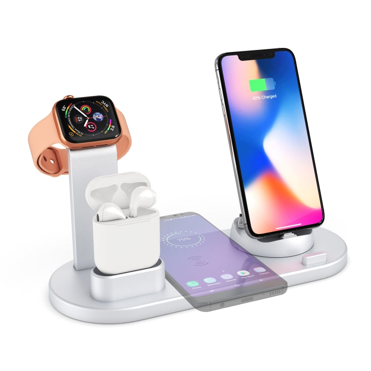 HQ-UD15 แท่นชาร์จ 5 in 1 พร้อมอินเทอร์เฟซ 8 พิน + Micro USB + USB-C / Type-C + ช่องชาร์จหูฟัง 8 พิน + ฐานชาร์จไร้สายพร้อมแท่นวางนาฬิกา (สีขาว), พร้อมชาร์จไร้สาย สีดำ, พร้อมชาร์จไร้สาย สีขาว, พร้อมชาร์จไร้สาย สีเงิน