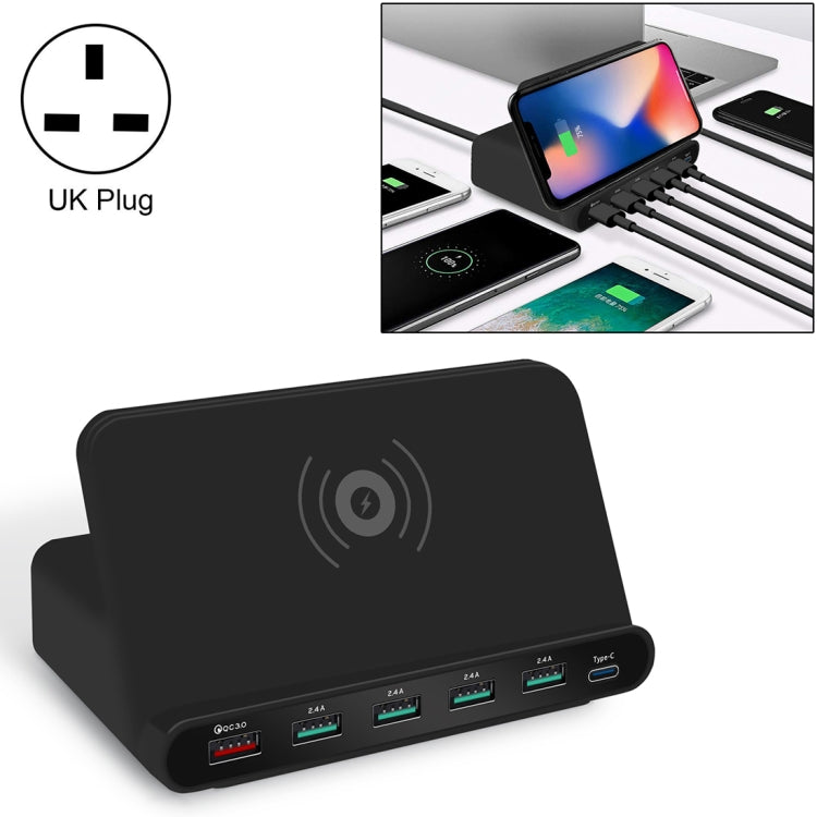 828W 7 in 1 60W QC 3.0 อินเทอร์เฟซ USB + 4 พอร์ต USB + อินเทอร์เฟซ USB-C / Type-C + ที่ชาร์จแบบไร้สายอเนกประสงค์พร้อมฟังก์ชันที่วางโทรศัพท์มือถือ ปลั๊ก UK สีดำ ปลั๊ก UK สีขาว