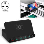 828W 7 in 1 60W QC 3.0 อินเทอร์เฟซ USB + 4 พอร์ต USB + อินเทอร์เฟซ USB-C / Type-C + ที่ชาร์จแบบไร้สายอเนกประสงค์พร้อมฟังก์ชันที่วางโทรศัพท์มือถือ ปลั๊ก UK สีดำ ปลั๊ก UK สีขาว