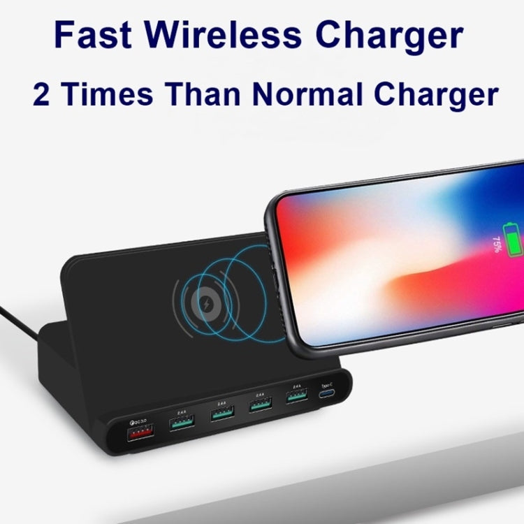 828W 7 in 1 60W QC 3.0 อินเทอร์เฟซ USB + 4 พอร์ต USB + อินเทอร์เฟซ USB-C / Type-C + ที่ชาร์จแบบไร้สายอเนกประสงค์พร้อมฟังก์ชันที่วางโทรศัพท์มือถือ ปลั๊ก UK สีดำ ปลั๊ก UK สีขาว