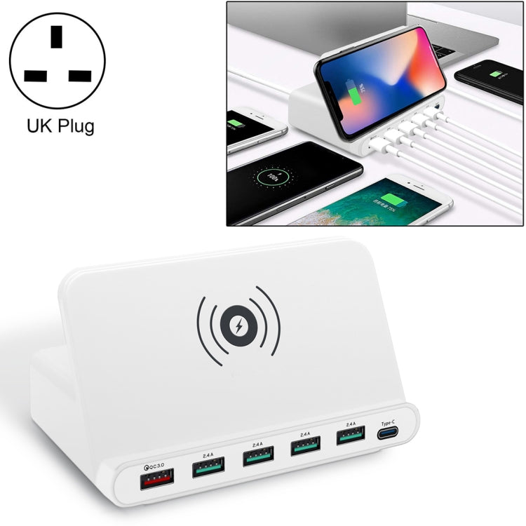 828W 7 in 1 60W QC 3.0 อินเทอร์เฟซ USB + 4 พอร์ต USB + อินเทอร์เฟซ USB-C / Type-C + ที่ชาร์จแบบไร้สายอเนกประสงค์พร้อมฟังก์ชันที่วางโทรศัพท์มือถือ ปลั๊ก UK สีดำ ปลั๊ก UK สีขาว