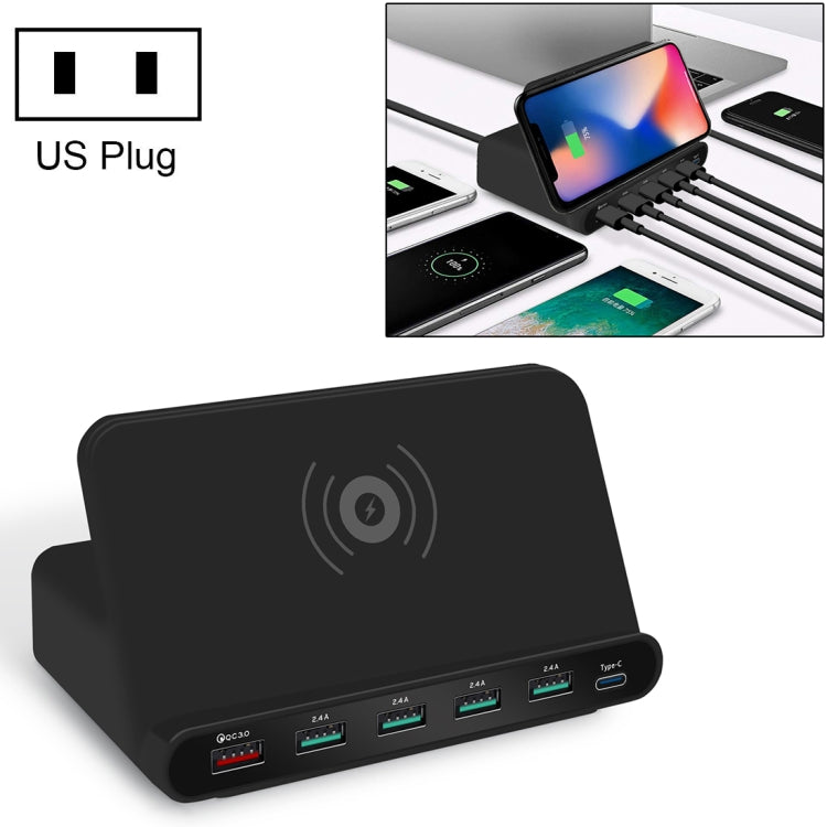 828W ชาร์จมัลติฟังก์ชัน 7 in 1 60W QC 3.0 อินเทอร์เฟซ USB + 4 พอร์ต USB + อินเทอร์เฟซ USB-C / Type-C + ชาร์จไร้สาย พร้อมฟังก์ชันที่วางโทรศัพท์มือถือ, ปลั๊ก US, ปลั๊ก US สีดำ, ปลั๊ก US สีขาว