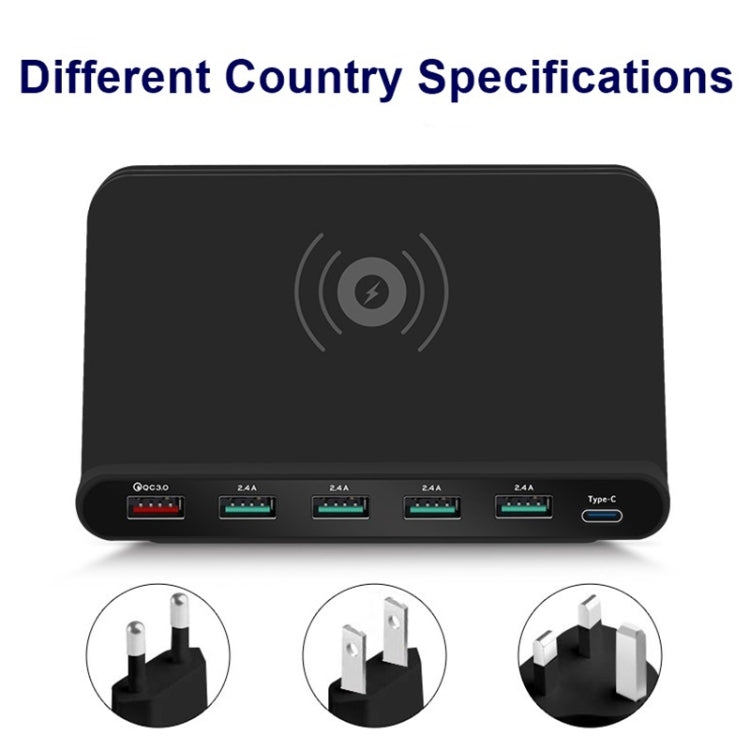 828W ชาร์จมัลติฟังก์ชัน 7 in 1 60W QC 3.0 อินเทอร์เฟซ USB + 4 พอร์ต USB + อินเทอร์เฟซ USB-C / Type-C + ชาร์จไร้สาย พร้อมฟังก์ชันที่วางโทรศัพท์มือถือ, ปลั๊ก US, ปลั๊ก US สีดำ, ปลั๊ก US สีขาว