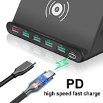 828W ชาร์จมัลติฟังก์ชัน 7 in 1 60W QC 3.0 อินเทอร์เฟซ USB + 4 พอร์ต USB + อินเทอร์เฟซ USB-C / Type-C + ชาร์จไร้สาย พร้อมฟังก์ชันที่วางโทรศัพท์มือถือ, ปลั๊ก US, ปลั๊ก US สีดำ, ปลั๊ก US สีขาว