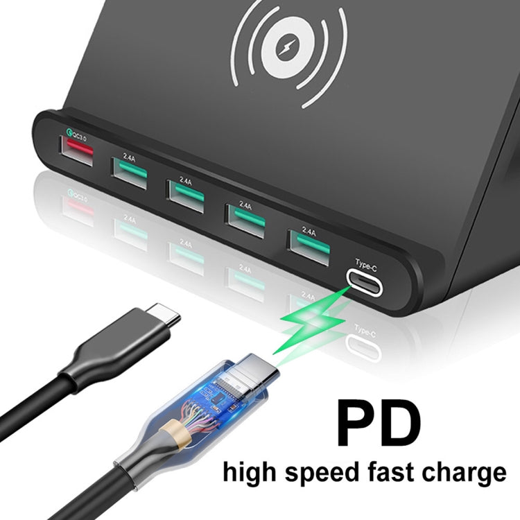 828W ชาร์จมัลติฟังก์ชัน 7 in 1 60W QC 3.0 อินเทอร์เฟซ USB + 4 พอร์ต USB + อินเทอร์เฟซ USB-C / Type-C + ชาร์จไร้สาย พร้อมฟังก์ชันที่วางโทรศัพท์มือถือ, ปลั๊ก US, ปลั๊ก US สีดำ, ปลั๊ก US สีขาว