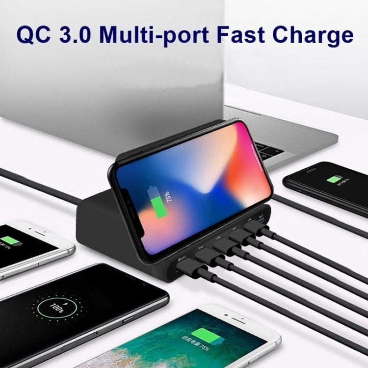 828W ชาร์จมัลติฟังก์ชัน 7 in 1 60W QC 3.0 อินเทอร์เฟซ USB + 4 พอร์ต USB + อินเทอร์เฟซ USB-C / Type-C + ชาร์จไร้สาย พร้อมฟังก์ชันที่วางโทรศัพท์มือถือ, ปลั๊ก US, ปลั๊ก US สีดำ, ปลั๊ก US สีขาว