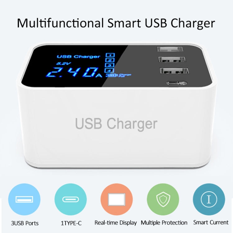CDA30 20W 3 พอร์ต USB + พอร์ต USB-C / Type-C ที่ชาร์จอเนกประสงค์พร้อมจอแสดงผล LED ปลั๊ก US ปลั๊ก US