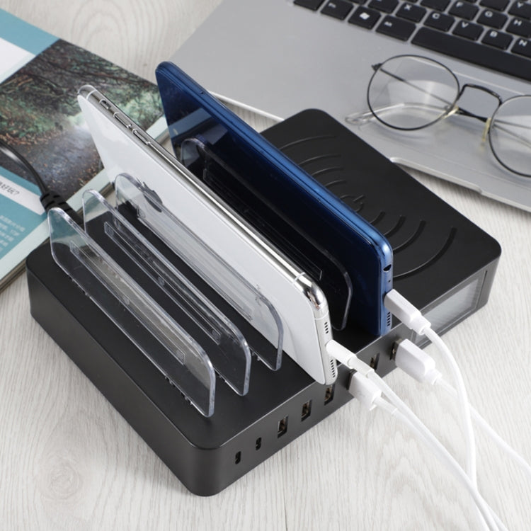 50W 6 พอร์ต USB + 2 พอร์ต USB-C / Type-C + ที่ชาร์จแบบไร้สายอเนกประสงค์พร้อมจอแสดงผล LED และขอบถอดได้ ปลั๊ก EU ปลั๊ก EU