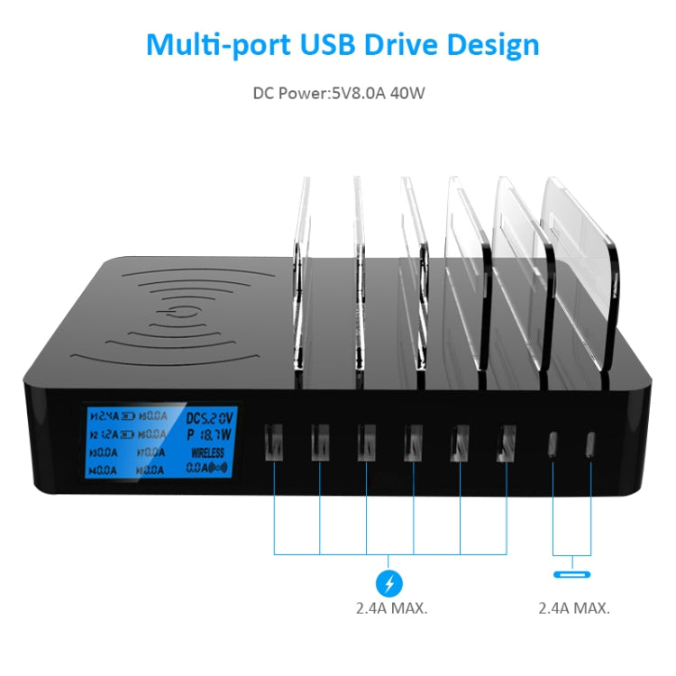 50W 6 พอร์ต USB + 2 พอร์ต USB-C / Type-C + ที่ชาร์จแบบไร้สายอเนกประสงค์พร้อมจอแสดงผล LED และขอบถอดได้ ปลั๊ก EU ปลั๊ก EU