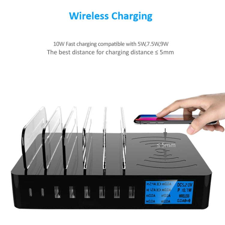 50W 6 พอร์ต USB + 2 พอร์ต USB-C / Type-C + ที่ชาร์จแบบไร้สายอเนกประสงค์พร้อมจอแสดงผล LED และขอบถอดได้ ปลั๊ก US ปลั๊ก US