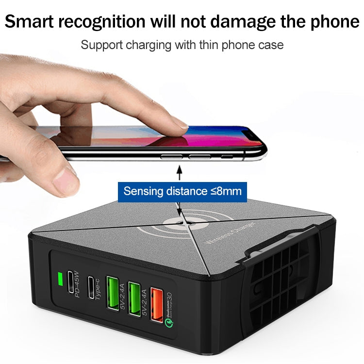 F88W ที่ชาร์จตั้งโต๊ะ 3 x USB + 2 x USB-C / Type-C พอร์ต QC3.0 พร้อมฟังก์ชันชาร์จไร้สาย, F88W
