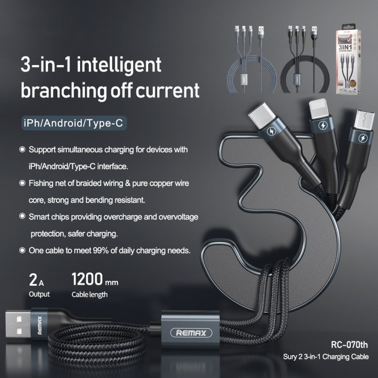 REMAX RC-070TH สายชาร์จ 3 in 1 USB เป็น 8 พิน & USB-C / Type-C & Micro USB ยาว 1.2 เมตร 2A