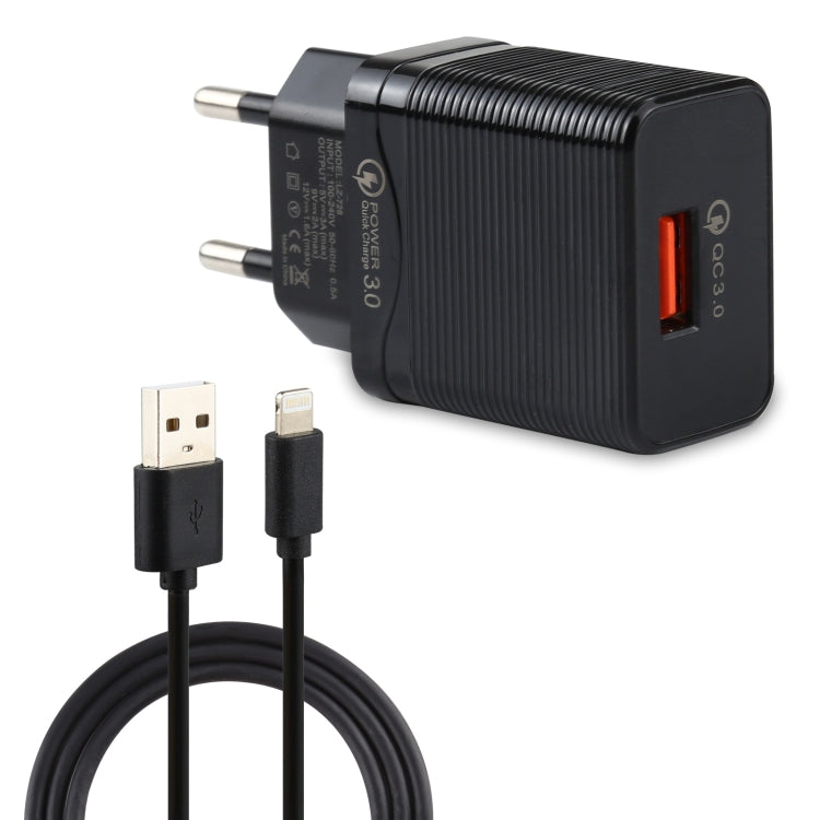 ชุดที่ชาร์จเดินทาง LZ-728 2 in 1 18W QC 3.0 USB + สายข้อมูล USB เป็น 8 Pin, ปลั๊กยุโรป, ความยาวสาย 1 เมตร พร้อมสาย 8 Pin