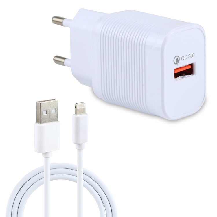 LZ-728 2 in 1 18W QC 3.0 USB Interface Travel Charger + USB to 8 Pin Data Cable Set, EU Plug, Cable Length: 1m, with 8 Pin Cable