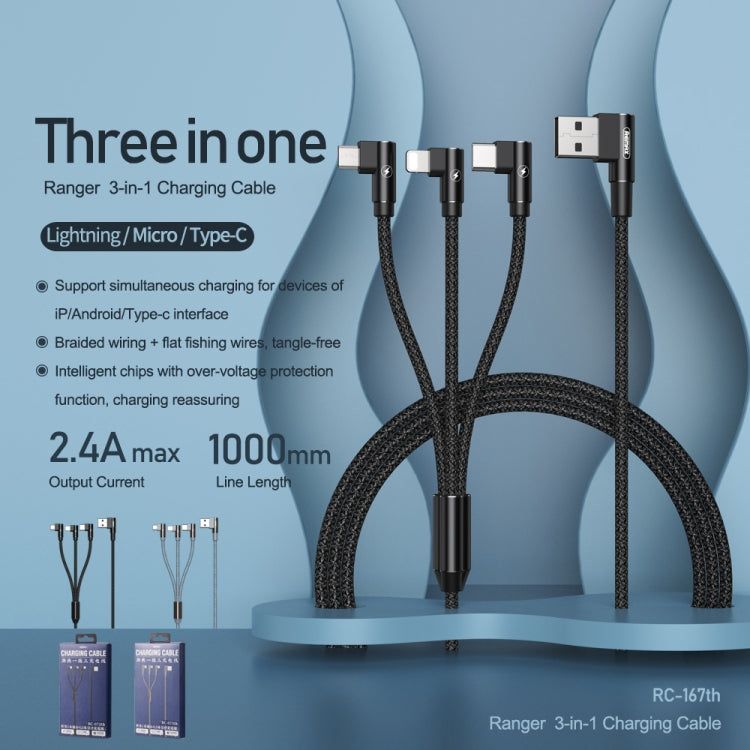 REMAX RC-167th สายชาร์จ 3 in 1 2.1A USB เป็น 8 พิน + USB-C / Type-C + Micro USB แบบข้อศอก ความยาวสาย 1 เมตร