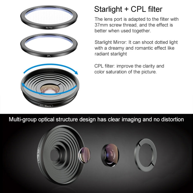 ชุดเลนส์โทรศัพท์ APEXEL APL-HB10X มาโคร + ฟิลเตอร์แสงดาว + CPL, APL-HB10X