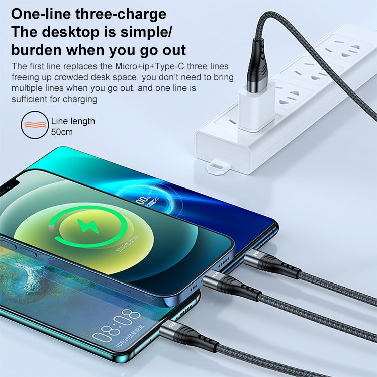ADC-138 สายชาร์จข้อมูลถักชาร์จเร็ว 66W 3 in 1 USB เป็น 8 พิน + Micro USB + USB-C / Type-C ความยาวสาย 1.2 เมตร