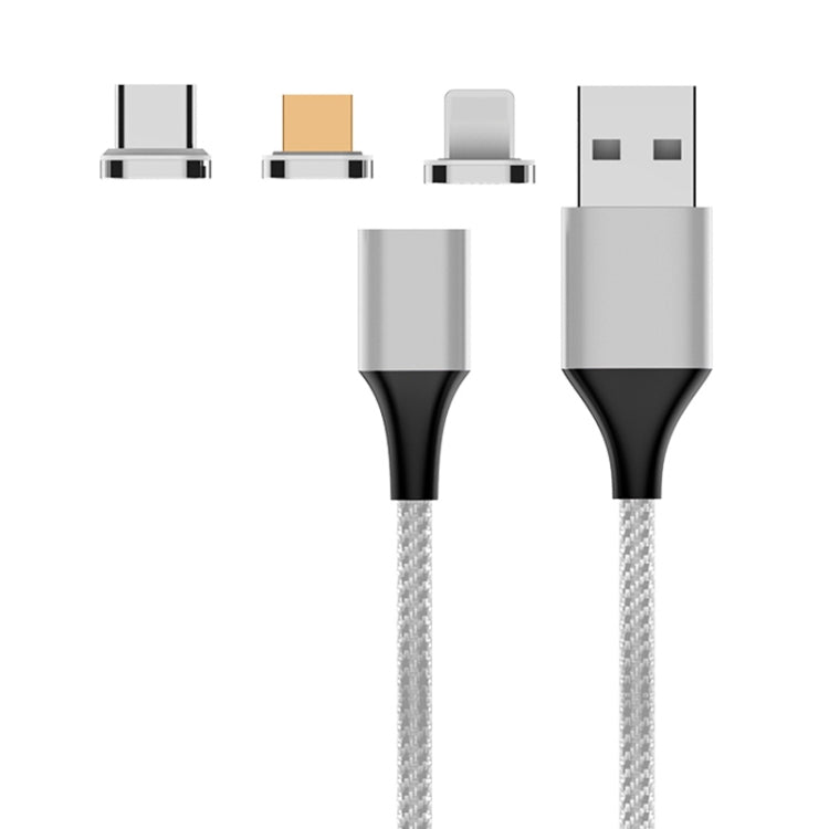 สายข้อมูลแม่เหล็กถักไนลอน M11 3 in 1 5A USB เป็น 8 Pin + Micro USB + USB-C / Type-C ความยาวสาย: 2 เมตร