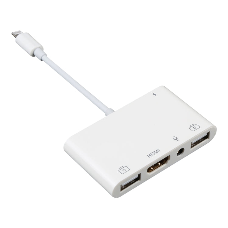 อะแดปเตอร์ OTG เสียงดิจิทัล AV 4 in 1 8 พิน เป็น USB คู่ + AUX 3.5 มม. + HDMI