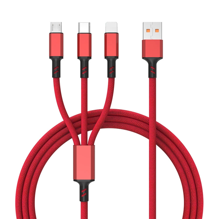 สายชาร์จเร็วถัก 3A 3 in 1 USB เป็น Type-C / 8 พิน / Micro USB ความยาวสาย: 1.2 ม. ปลั๊กสีขาว (แดง), ปลั๊กสีขาว (ดำ), ปลั๊กสีขาว (น้ำเงิน)