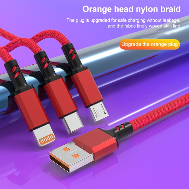 สายชาร์จเร็วถัก 3A 3 in 1 USB เป็น Type-C / 8 พิน / Micro USB ความยาวสาย: 1.2 ม. ปลั๊กสีขาว (แดง), ปลั๊กสีขาว (ดำ), ปลั๊กสีขาว (น้ำเงิน)