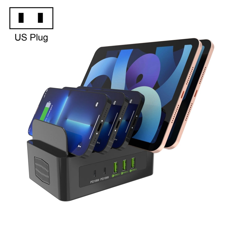 YFY-A54 สถานีชาร์จอัจฉริยะ 5 พอร์ต USB + Type-C 100W พร้อมแท่นวางโทรศัพท์และแท็บเล็ต, ปลั๊ก US, YFY-A54