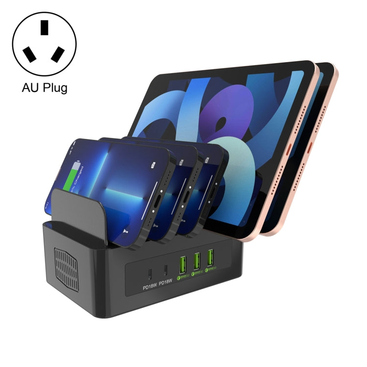 YFY-A54 สถานีชาร์จอัจฉริยะ 5 พอร์ต USB + Type-C 100W พร้อมแท่นวางโทรศัพท์และแท็บเล็ต, ปลั๊ก US, YFY-A54