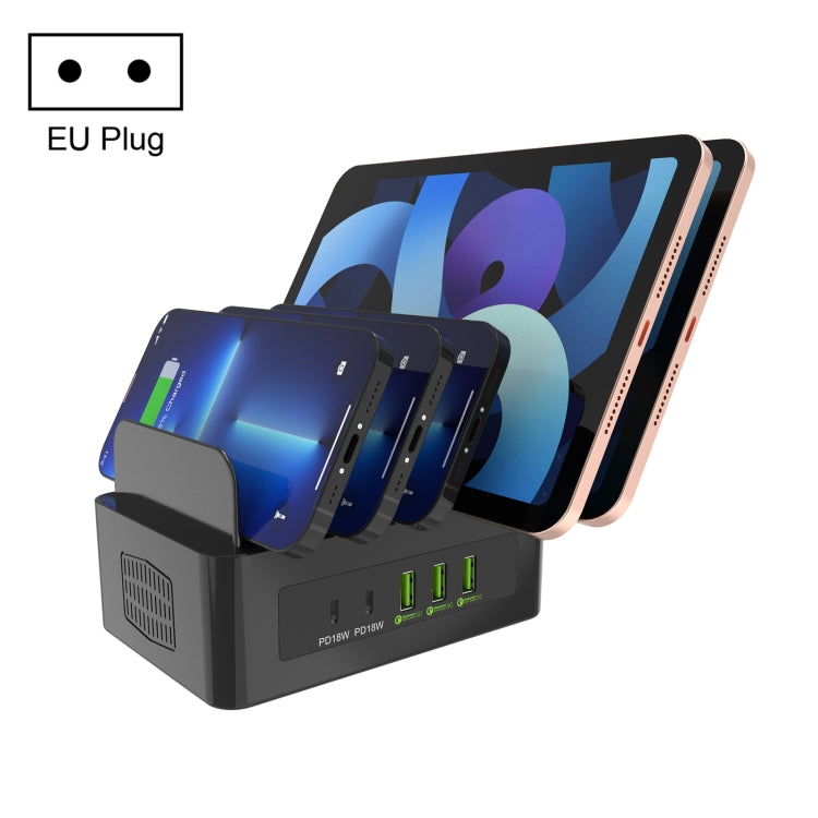 YFY-A54 สถานีชาร์จอัจฉริยะ 5 พอร์ต USB + Type-C 100W พร้อมแท่นวางโทรศัพท์และแท็บเล็ต, ปลั๊ก US, YFY-A54
