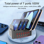 YFY-A54 สถานีชาร์จอัจฉริยะ 5 พอร์ต USB + Type-C 100W พร้อมแท่นวางโทรศัพท์และแท็บเล็ต, ปลั๊ก US, YFY-A54