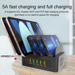 YFY-A54 สถานีชาร์จอัจฉริยะ 5 พอร์ต USB + Type-C 100W พร้อมแท่นวางโทรศัพท์และแท็บเล็ต, ปลั๊ก US, YFY-A54