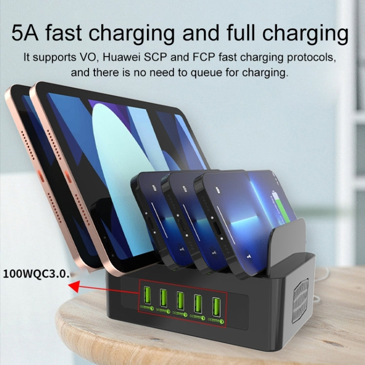 YFY-A54 สถานีชาร์จอัจฉริยะ 5 พอร์ต USB + Type-C 100W พร้อมแท่นวางโทรศัพท์และแท็บเล็ต, ปลั๊ก US, YFY-A54