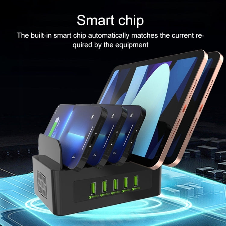 YFY-A54 สถานีชาร์จอัจฉริยะ 5 พอร์ต USB + Type-C 100W พร้อมแท่นวางโทรศัพท์และแท็บเล็ต, ปลั๊ก US, YFY-A54