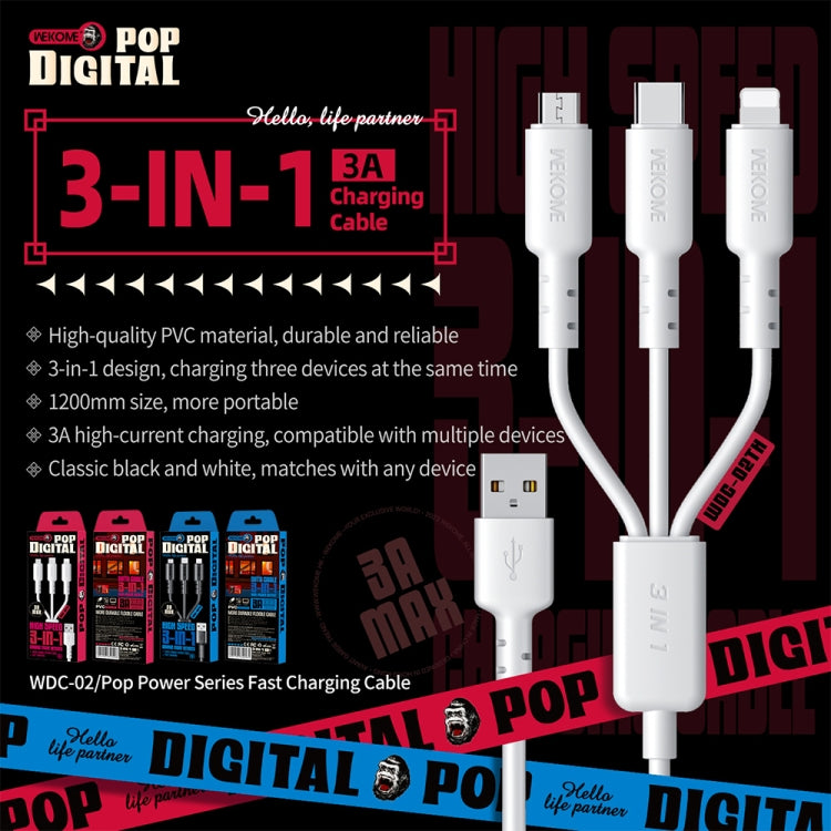 WEKOME WDC-02 สายข้อมูล PVC 3 in 1 ชาร์จไฟ Tidal Energy Series 3A USB เป็น 8 Pin+Type-C+Micro USB ความยาว 1.2 เมตร