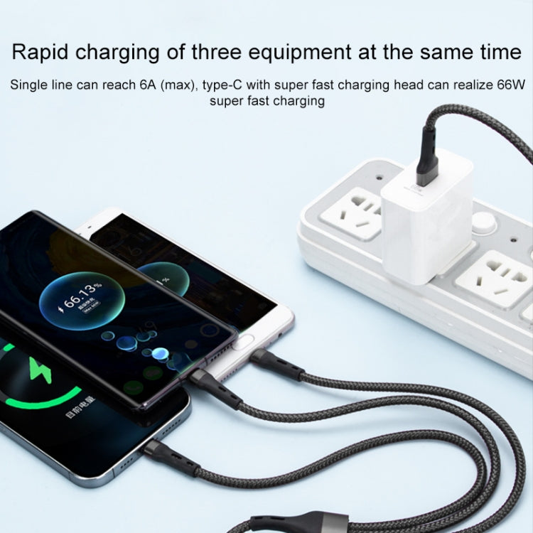 สายชาร์จข้อมูล 100W 6A Type-C เป็น 8 พิน+Type-C+Micro USB ความยาว: 1.3 ม.