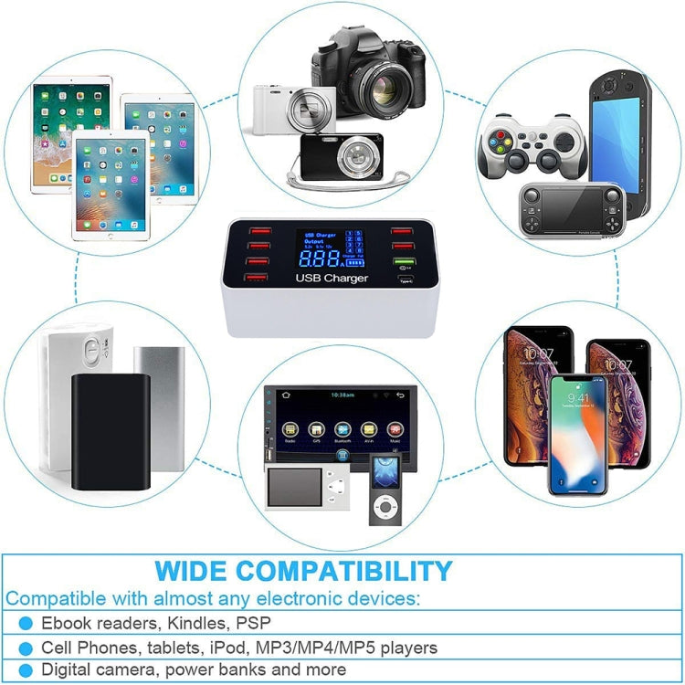 A9 Plus (เวอร์ชันโลก) สถานีชาร์จดิจิทัล 8 พอร์ต AC 100V~240V พร้อมจอ LCD ถอดได้ ชาร์จอัจฉริยะพร้อมที่ชาร์จไร้สาย รองรับ QC3.0