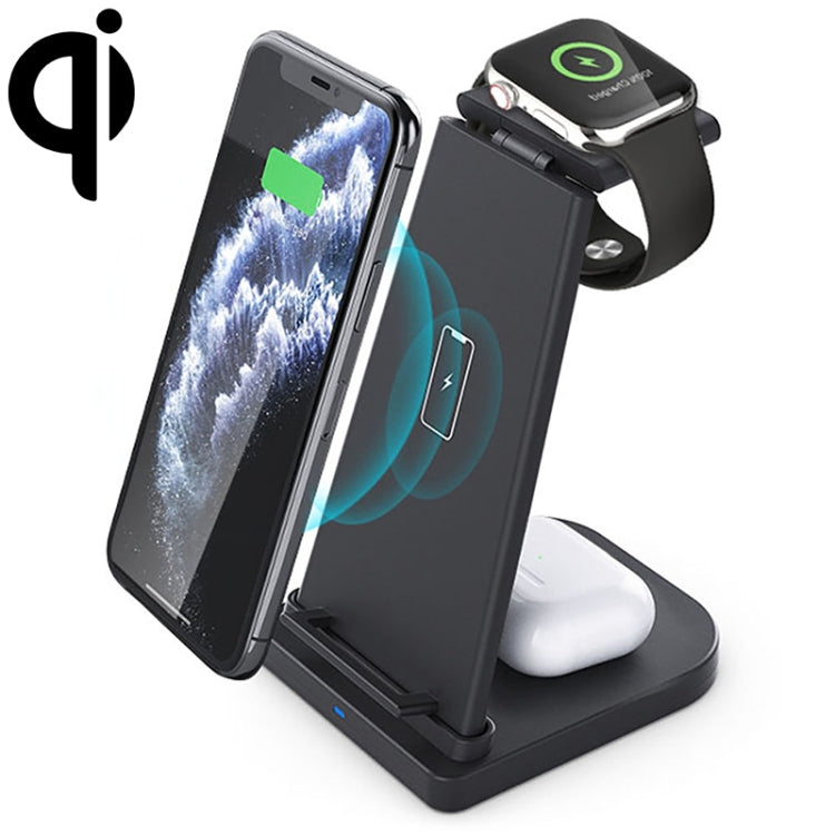 ที่ชาร์จไร้สายมัลติฟังก์ชันแนวตั้ง 3 in 1 QC 3.0 10W พร้อมฟังก์ชันขาตั้ง เหมาะสำหรับโทรศัพท์มือถือ / Apple Watch / AirPods