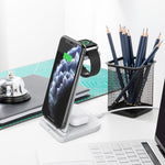 ที่ชาร์จไร้สายมัลติฟังก์ชันแนวตั้ง 3 in 1 QC 3.0 10W พร้อมฟังก์ชันขาตั้ง เหมาะสำหรับโทรศัพท์มือถือ / Apple Watch / AirPods
