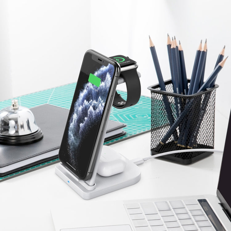 ที่ชาร์จไร้สายมัลติฟังก์ชันแนวตั้ง 3 in 1 QC 3.0 10W พร้อมฟังก์ชันขาตั้ง เหมาะสำหรับโทรศัพท์มือถือ / Apple Watch / AirPods
