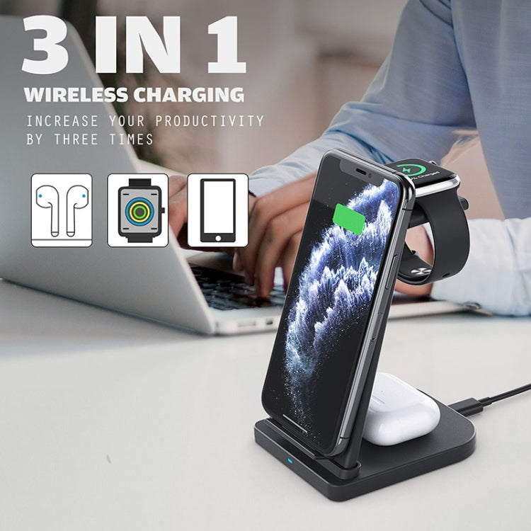 ที่ชาร์จไร้สายมัลติฟังก์ชันแนวตั้ง 3 in 1 QC 3.0 10W พร้อมฟังก์ชันขาตั้ง เหมาะสำหรับโทรศัพท์มือถือ / Apple Watch / AirPods