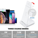 ที่ชาร์จไร้สายมัลติฟังก์ชันแนวตั้ง 3 in 1 QC 3.0 10W พร้อมฟังก์ชันขาตั้ง เหมาะสำหรับโทรศัพท์มือถือ / Apple Watch / AirPods