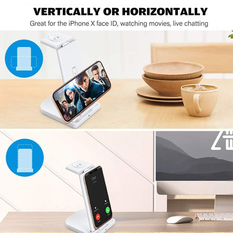 ที่ชาร์จไร้สายมัลติฟังก์ชันแนวตั้ง 3 in 1 QC 3.0 10W พร้อมฟังก์ชันขาตั้ง เหมาะสำหรับโทรศัพท์มือถือ / Apple Watch / AirPods
