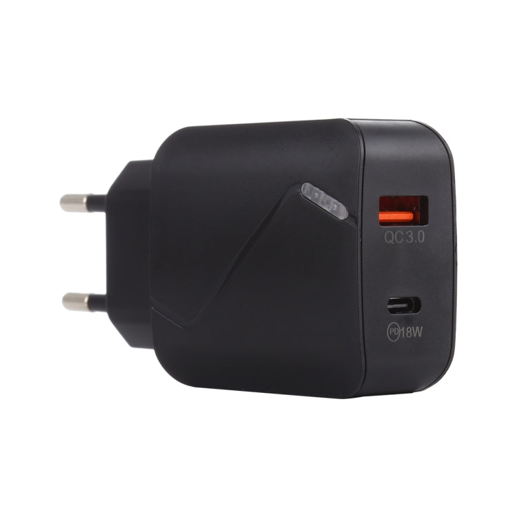 LZ-819A+C QC3.0 USB + PD 18W USB-C / Type-C อินเทอร์เฟซ ที่ชาร์จเดินทางพร้อมไฟแสดงสถานะ ปลั๊ก EU, ปลั๊ก EU