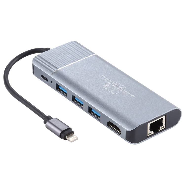 อะแดปเตอร์แท่นเชื่อมต่อมัลติฟังก์ชัน 6 in 1 USB 2.0 x 3 + HDMI + RJ45 + พอร์ตชาร์จ 8 Pin หญิงเป็น 8 Pin ชาย รุ่น 79591