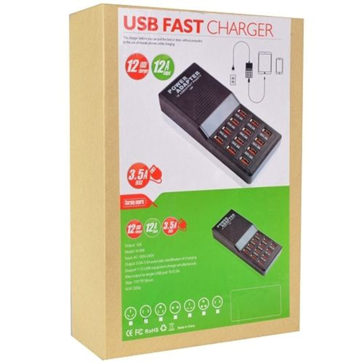 W-858 แท่นชาร์จ USB 12 พอร์ต 12A ชาร์จเร็ว ตั้งโต๊ะ สมาร์ทชาร์จเจอร์ AC100-240V ปลั๊ก EU ปลั๊ก EU